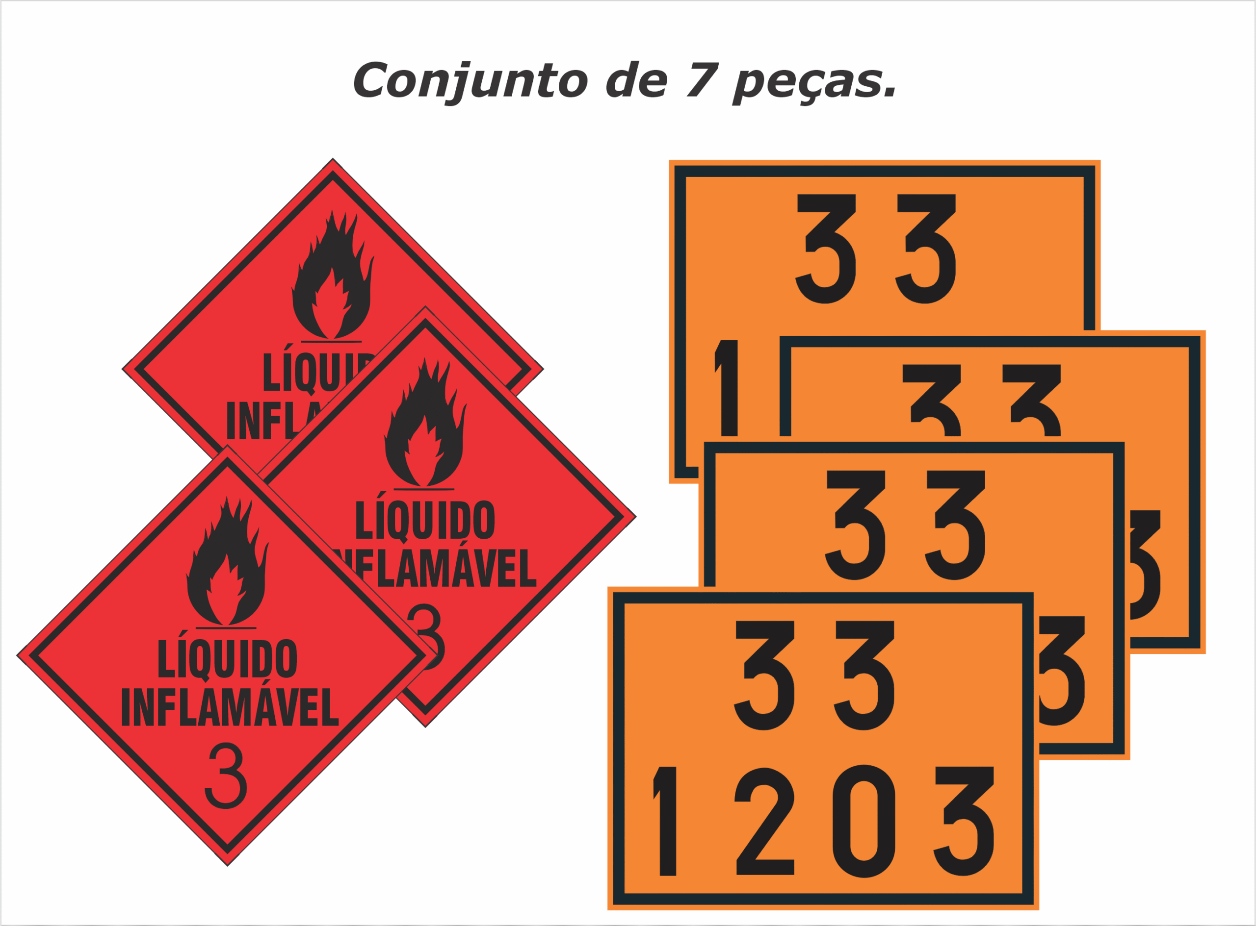 Conjunto de 4 Painéis de segurança e 3 Rótulos de Risco Transporte de Gasolina e Diesel